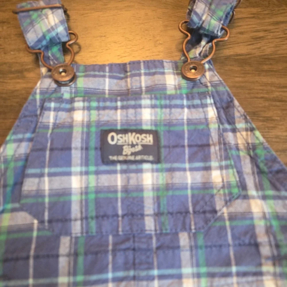 OshKosh B'gosh Baby Boy 6 Months Blue Green Plaid Vestbak Cotton Shortalls